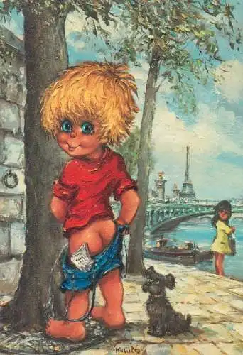 Comic humour Michel Thomas signed Postcard boy taking a piss caricature