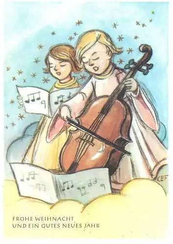 greetings Cefischer signed postcard Frohe Weihnacht und ein gutes neues jahr heavenly choir angel playing cello