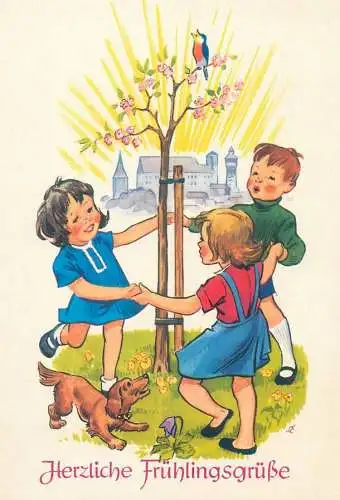 drawn children greetings postcard Herzlichen Fruhlingsgrusse children playing games