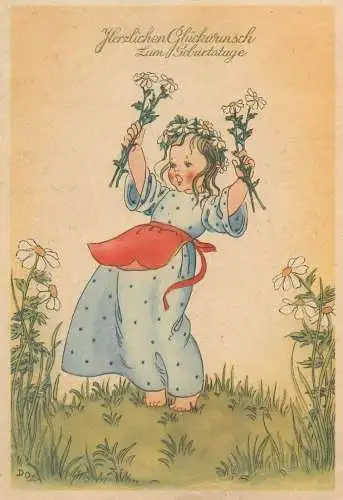 drawn children greetings Die besten Gluckwunsche zum Geburtstage postcard lady picking flowers on meadow