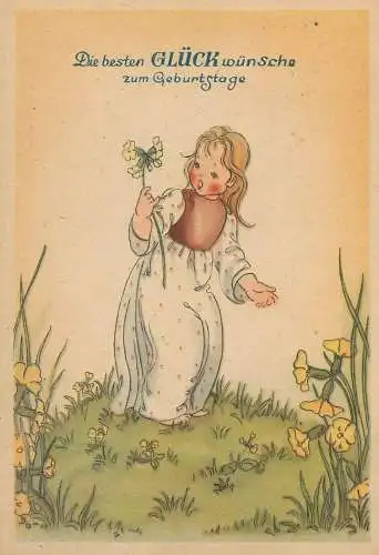 drawn children greetings Die besten Gluckwunsche zum Geburtstage postcard lady picking flowers on meadow