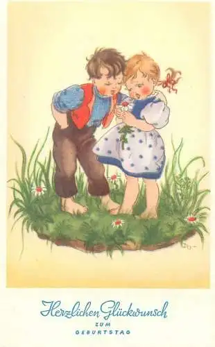 drawn children greetings Herzlichen Gluckwunsch zum Geburtstag post card romantic lovers