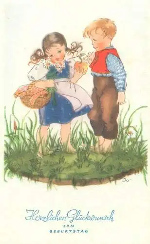 drawn children greetings Herzlichen Gluckwunsch zum Geburtstag postcard romantic lovers