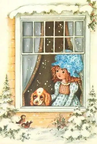 drawn children greetings postcard charming woman with dog looking through window snowy day