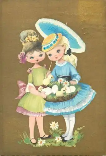drawn children greetings postcard charming, elegant ladies with parasol