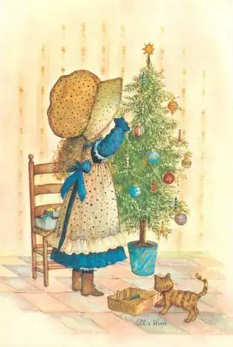 drawn children greetings artist signed postcard housewife with cat decorating Christmas tree