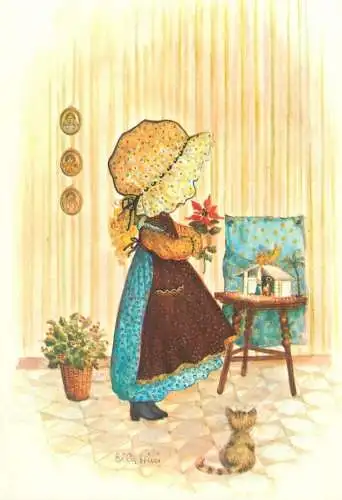 drawn children greetings artist signed postcard housewife with cat
