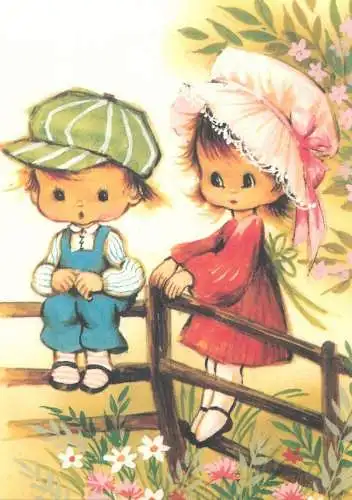 Drawn children greetings postcard children pair gallant courting