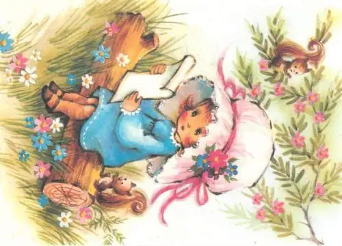 Drawn children greetings postcard girl reading love letter