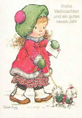 Drawn children greetings Sarah Kay artist signed post card Frohe Weihnachten und ein gutes neues Jahr