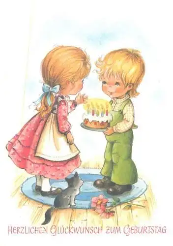 Drawn children greetings post card Herzlichen Gluckwunsch zum Geburtstag