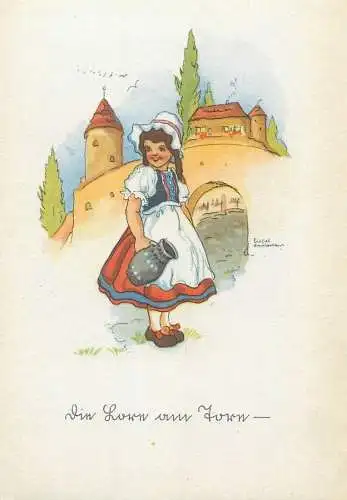 children drawing artist signed LIESEL LAUTERBORN Postcard folk woman traditional clothing