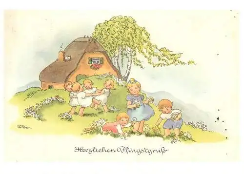 Herzlichen Pfingstgrusse Postcard springtime scenery children picking flowers artist signed LIESEL LAUTERBORN
