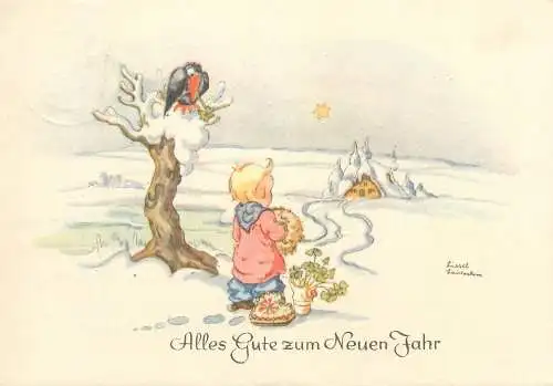 Alles Gute zum Neues Jahr Postcard children artist signed LIESEL LAUTERBORN winter scenery