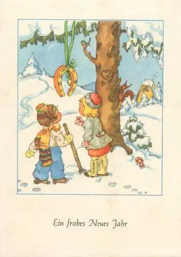 Ein frohes Neues Jahr Postcard children artist signed LIESEL LAUTERBORN winter scenery horseshoe lucky charm