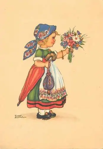 Postcard children artist signed LIESEL LAUTERBORN folk woman traditional clothing colourful flower bouquet