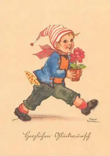 Herzlichen Gluckwunsch Postcard children artist signed LIESEL LAUTERBORN dwarf with flowerpot surrealism fantasy