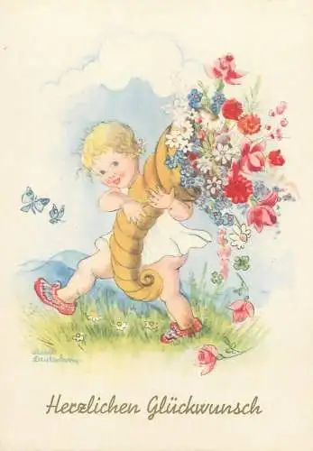 Post card children artist signed LIESEL LAUTERBORN Herzlichen Gluckwunsch pretty girl smile flower bouquet