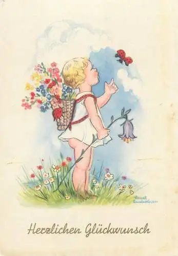 Post card children artist signed LIESEL LAUTERBORN Herzlichen Gluckwunsch