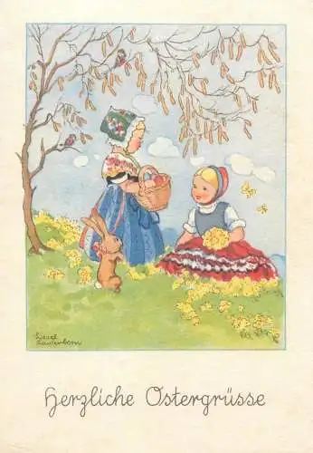 Post card children artist signed LIESEL LAUTERBORN Herzliche Ostegrusse