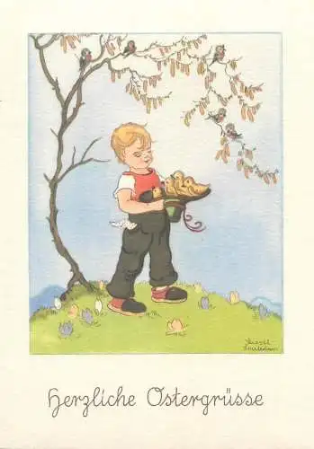 Post card children artist signed LIESEL LAUTERBORN Herzlichen Osterngrusse