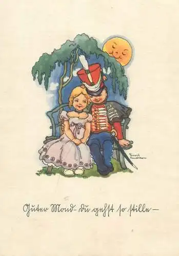Post card children artist signed LIESEL LAUTERBORN military caricature soldier with his lady drawing