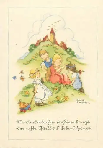 Postcard children artist signed LIESEL LAUTERBORN drawing surrealism fantasy