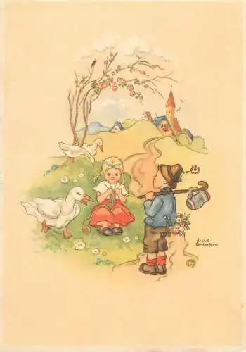 children artist signed LIESEL LAUTERBORN drawing surrealism fantasy Postcard