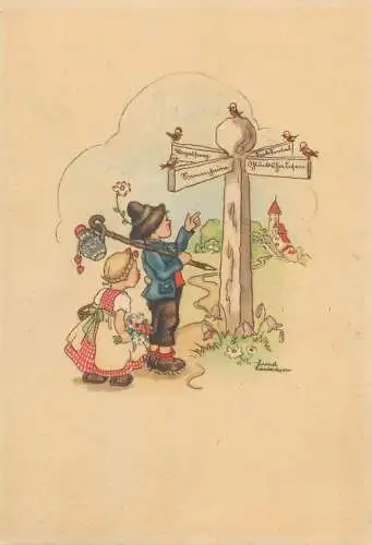 children artist signed LIESEL LAUTERBORN drawing surrealism fantasy Post card