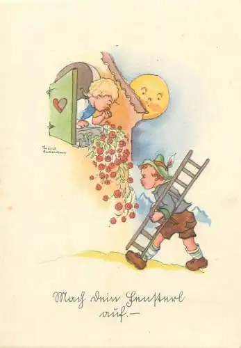 Drawn children artist signed LIESEL LAUTERBORN surrealism fantasy Post card