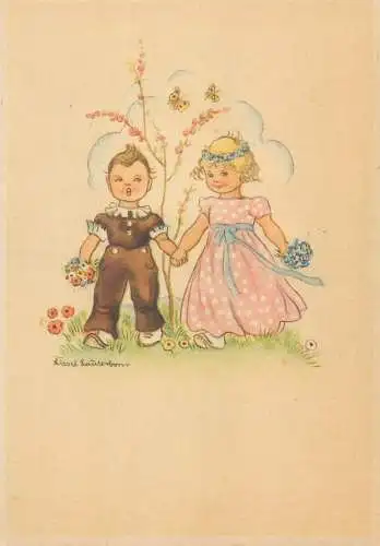 Postcard newlywed couple Drawn children artist signed LIESEL LAUTERBORN