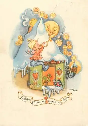 Herzlichen Gluckwunsch zum neuen Jahr Postcard fantasy Drawn children artist signed LIESEL LAUTERBORN