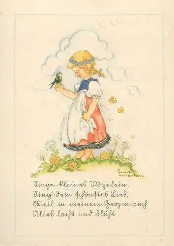 Postcard fantasy Drawn children artist LIESEL LAUTERBORN pretty girl with little bird