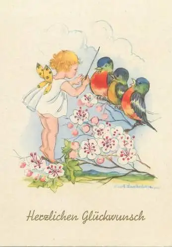 Herzlichen Gluckwunsch Postcard birds choir fantasy Drawn children artist LIESEL LAUTERBORN