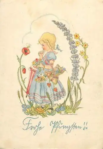 Frohe Pfingsten Postcard Drawn children artist LIESEL LAUTERBORN pretty flower girl