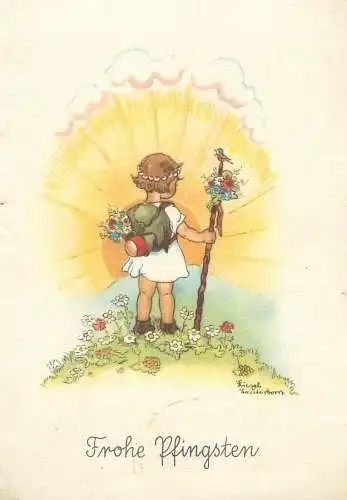 Frohe Pfingsten Postcard Drawn children artist LIESEL LAUTERBORN