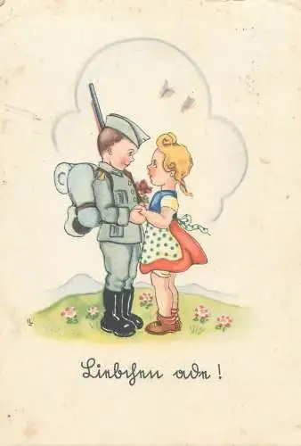 Military humour caricature Postcard soldier with lover drawing children artist LIESEL LAUTERBORN