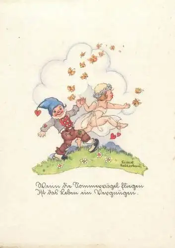 Drawn children artist LIESEL LAUTERBORN fantasy Postcard newlywed couple chasing butterflies