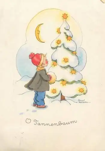Drawn children artist LIESEL LAUTERBORN Post card young boy singing carol snow-covered star decorated Christmas tree