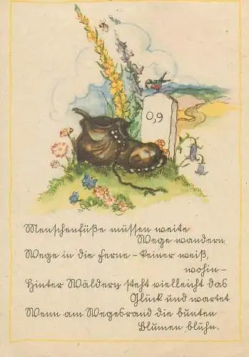 Drawn children artist LIESEL LAUTERBORN Post card old shoe boot drawing