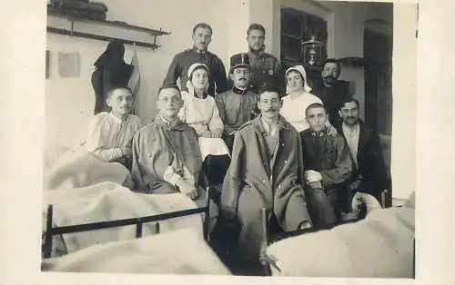 Military hospital red cross nurses & soldiers group photo postcard