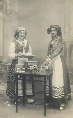 Real photo postcard women folk types & tobacco cigars boxes Egli phot.