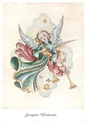 Gesegnete Weihnacht Postcard heavenly choir angels types trumpet playing Irene Schricker illustration drawing