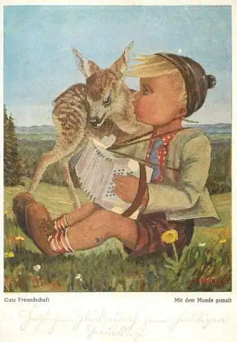 Arnulf signed children drawing humour Postcard Gute Freundschaft boy accordion playing