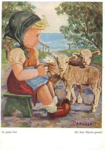 Arnulf signed children drawing humour Postcard In guter hut countryside girl with lambs rural types and scenes