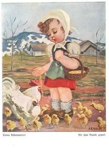 Arnulf signed children drawing humour Postcard Kleine Kukenmutter countryside girl feeding poultry types and scenes