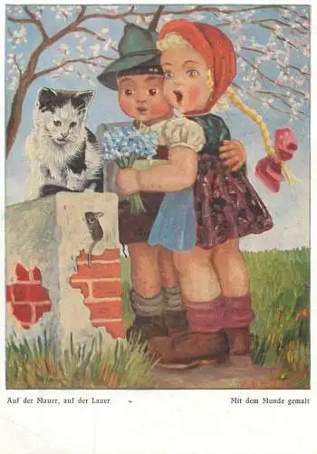 Arnulf signed children drawing humour Postcard Auf der Mauer auf der Lauer couple types