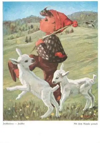 Arnulf signed children drawing Herzlichen Gluckwunsch Postcard peasant boy with goats