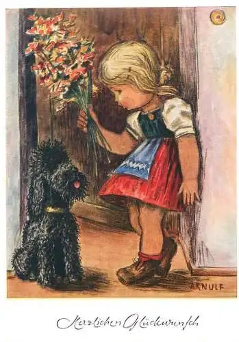 Arnulf signed children drawing Herzlichen Gluckwunsch Postcard girl with flower bouquet and black-haired poodle dog
