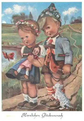Arnulf signed children drawing Herzlichen Gluckwunsch Postcard folklore couple types butterfly